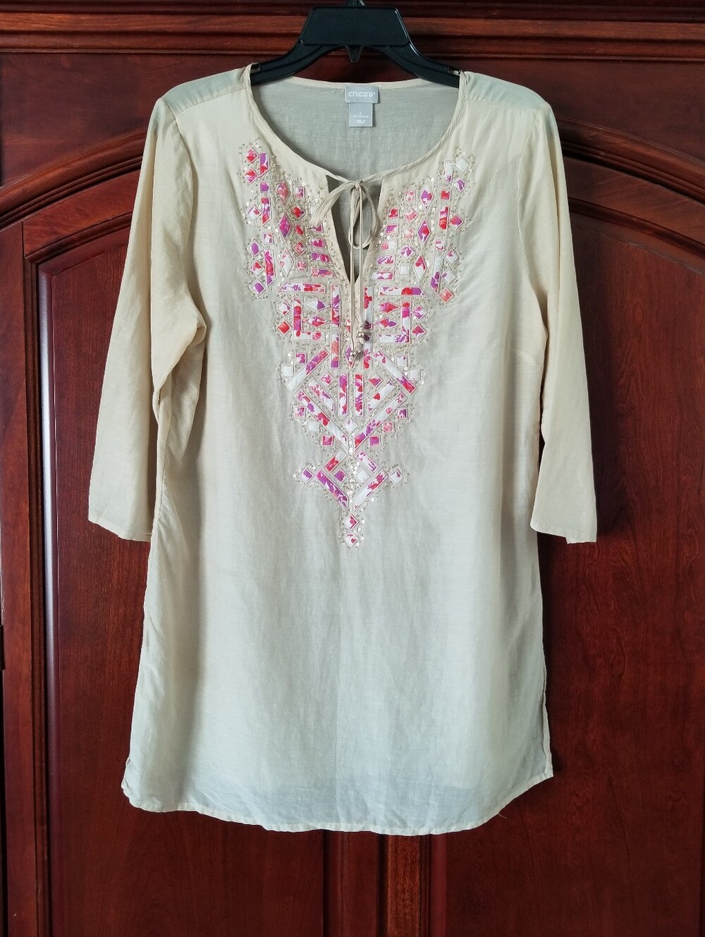 Chico's Cotton Silk Embellished Sheer Cream Tunic Chico's 1 M (8/10)